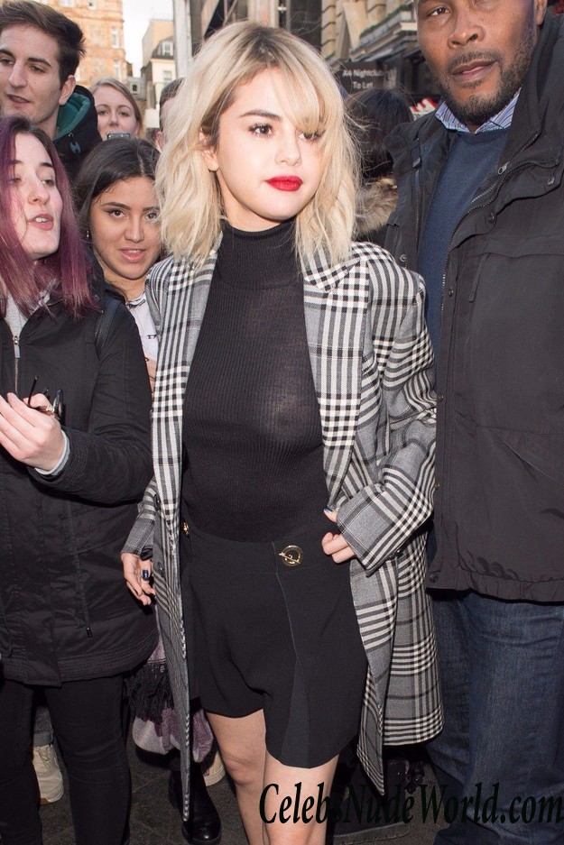 Selena Gomez Braless In Black See Thru Blouse In London 24434