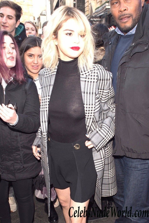 Selena Gomez Braless In Black See Thru Blouse In London 24460
