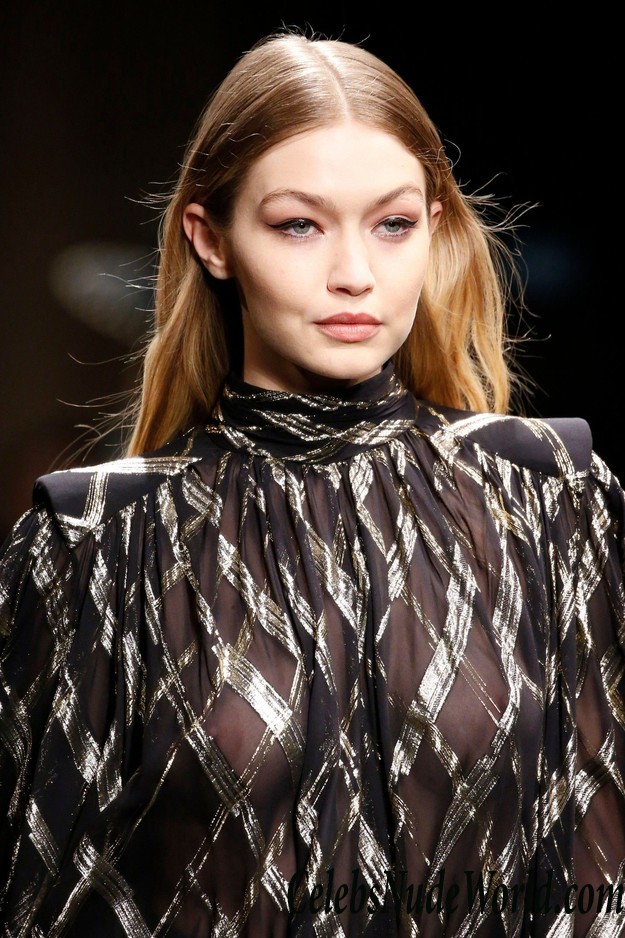 Gigi Hadid See Thru Dress And No Bra On The Runway In Milan 26215