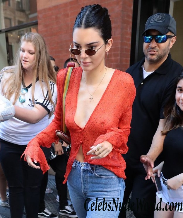 Kendall Jenner Braless In Sheer Top In NYC 26797