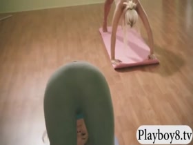 Yoga exercise by big tits blonde trainer and two cuties 2