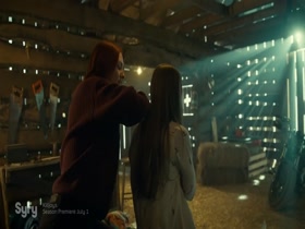 Dominique Provost-Chalkley & Katherine Barrell kissing, Lesbian in Wynonna Earp 3