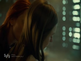 Dominique Provost-Chalkley & Katherine Barrell kissing, Lesbian in Wynonna Earp 4